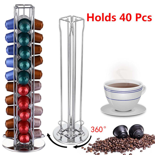 360 Rotating 40 Capsule Coffee Pod Holder Capsules Dispensing Tower Stand Fits for Nespresso Capsule Storage Coffee Stand