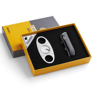 COHIBA Windproof 3 Torch Jet Flame Butane Gas Metal Cigar Lighter with Cigar Cutter Gift Set  CL-TZ009a