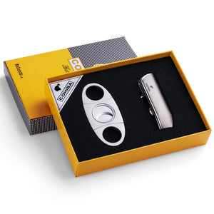 COHIBA Windproof 3 Torch Jet Flame Butane Gas Metal Cigar Lighter with Cigar Cutter Gift Set  CL-TZ009a