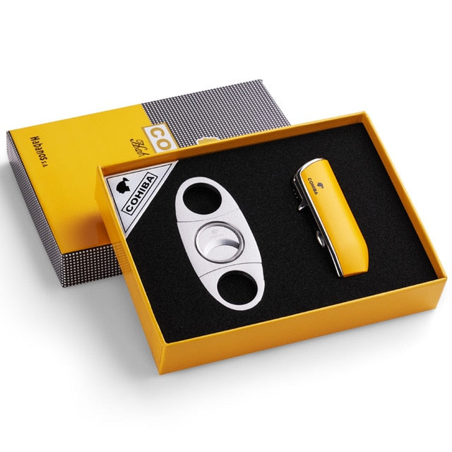 COHIBA Windproof 3 Torch Jet Flame Butane Gas Metal Cigar Lighter with Cigar Cutter Gift Set  CL-TZ009a